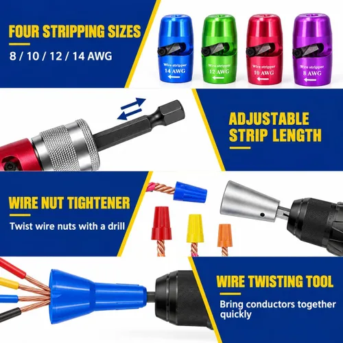 Vista 3 de Pelacables para taladro (14-12-10-8 AWG), herramienta eléctrica universal para taladro, incluye 4 pelacables
