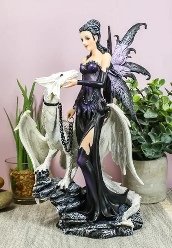 Vista 2 de Ebros - Estatua gótica de hada Khaleesi con dragón blanco ártico, 9.5 pulgadas de alto, decorativa, fantasía mítica, figura de la dama del lago
