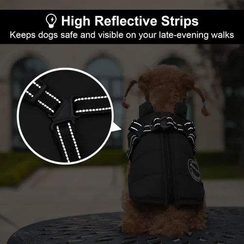Vista 6 de Abrigo de invierno para perro, chaqueta cálida para perro, chaleco reflectante ajustable de vellón con arnés integrado, chaqueta de nieve