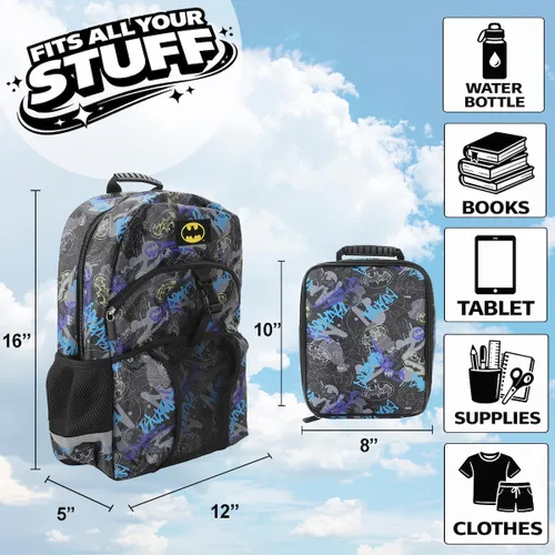 Vista 2 de Bioworld Conjunto de Mochila Premium y Kit de Almuerzo de Batman de 2 Piezas de 16" para Niños