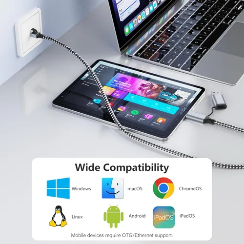 Vista 8 de Jadaol Cable USB-C/USB-A a Ethernet de 3 pies, adaptador USB-A integrado, LAN Gigabit RJ45 de hasta 1 Gbps, Plug & Play para la mayoría
