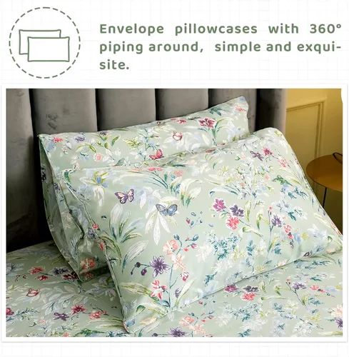 Vista 4 de QSH Juego de sábanas de tamaño individual 100% algodón egipcio, estampado de flores verdes con pájaros, mariposas y botánicas, lujo impreso, ropa