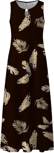 Vista 3 de AMXYFBK Vestidos para mujer, de verano, cuello redondo, sin mangas, estampado floral, acampanado, bohemio, con bolsillo
