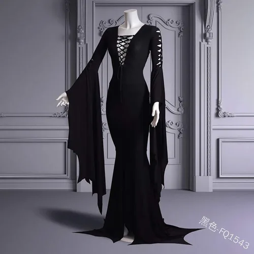 Vista 2 de Morticia Addams - Disfraz de bruja sexy gótico vintage para Halloween, fiesta de carnaval