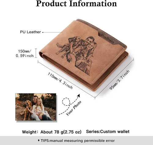 Vista 2 de Cartera personalizada con foto e iniciales de nombre para hombres, regalos personalizados para marido, novio, papá, hijo, familia, padrinos, amigo