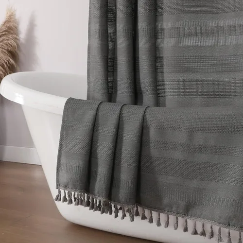 Vista 23 de OVZME Cortina de ducha bohemia negra, cortina de ducha estrecha de tela suave a rayas de lino texturizado con borla, moderna decoración de baño