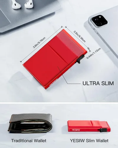Vista 5 de YESIIW Pop up Slim Card Holder RFID Blocking with Money Pocket Minimalist Business Credit Card Wallet for Women and Men Aluminum Metal Bank Card