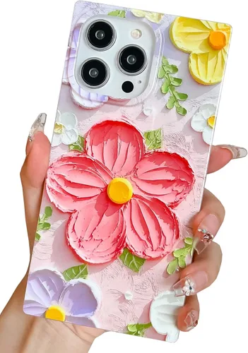 Vista 15 de Funda compatible con iPhone 14 Pro con borde rectangular, bonita funda protectora de lujo con pintura al óleo y flores para mujeres y niñas, funda