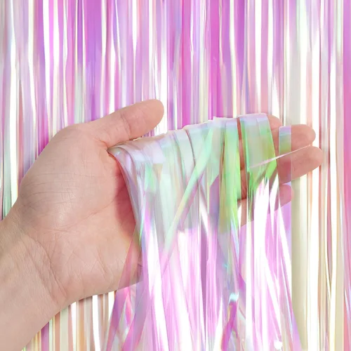 Vista 2 de Paquete de 3 cortinas de papel de aluminio metálico con flecos para fiesta de cumpleaños, telón de fondo de fotos, decoración de eventos de boda