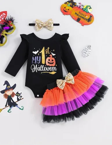 Vista 2 de Conjunto de mameluco con estampado de calabaza para niñas de 0 a 18 meses