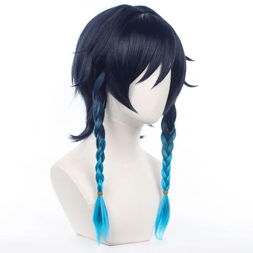 Vista 3 de Genshin Impact Peluca de anime Cosplay peluca Venti azul degradado de pelo corto con gorra de peluca gratis para Comic Con, espectáculo de cosplay