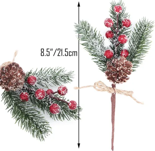 Vista 2 de 12 piezas de púas artificiales de pino para árbol de Navidad con bayas rojas, conos de pino, moño de lazo, ramas artificiales de pino, tallos, rocío