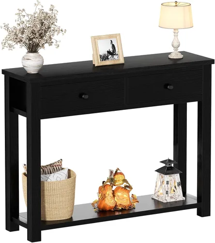 Vista 12 de Homieasy Mesa consola de granja con 3 cajones, mesa de sofá de madera de 47 pulgadas con estante de almacenamiento para sala de estar, detrás