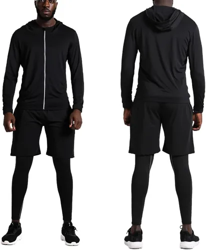 Vista 2 de BUYJYA 5 piezas de pantalones de compresión para hombre, camisa de manga larga, conjunto atlético, ropa de gimnasio, entrenamiento, regalo del día