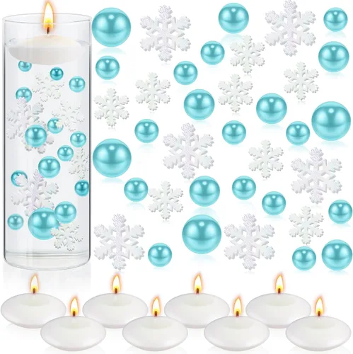 Vista 8 de 124 piezas de perlas de relleno de jarrón de Navidad para relleno de florero, decoración de mesa de Navidad, centro de mesa con 8 velas flotantes
