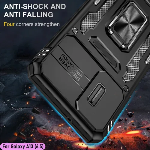 Vista 7 de Funda resistente para Samsung Galaxy A13 (5G), protector de parachoques de goma de doble capa de grado militar con protector de cámara deslizante