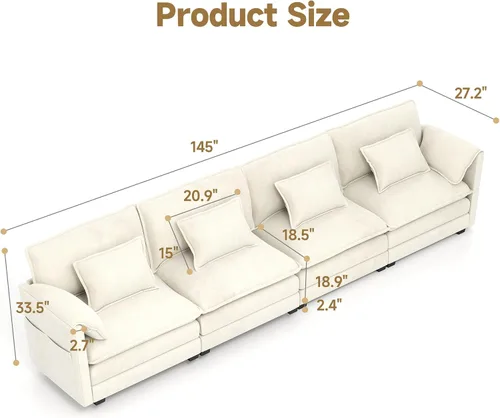 Vista 2 de Real Relax 145'' Sofá seccional modular, sofá convertible de 4 plazas con chenilla, 8 almohadas y 2 reposabrazos para sala de estar, oficina