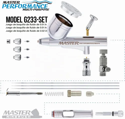 Vista 3 de Master Airbrush G233-SET Multi-Master Performance G233 Pro Set de aerógrafo de doble acción con alimentación por gravedad con 3 boquillas