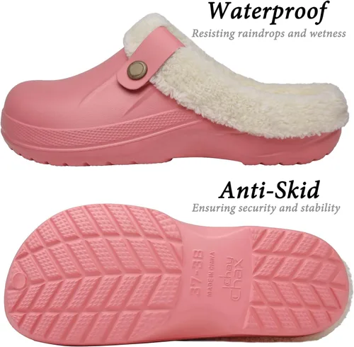 Vista 4 de ChayChax - Pantuflas impermeables para mujeres y hombres, con forro de piel, zapatos de jardín de invierno, pantuflas cálidas para interiores