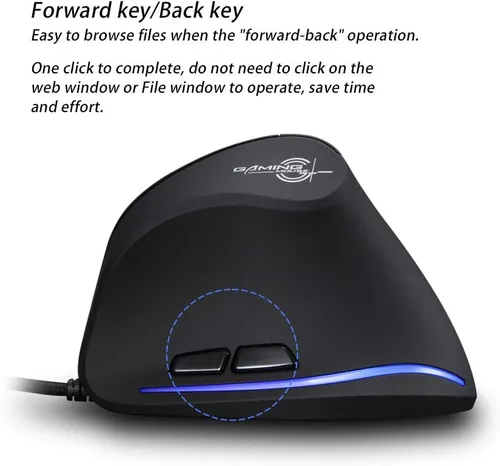 Vista 8 de zelotes - Mouse vertical ergonómico, 3200 DPI LED óptico USB con cable, 6 botones para laptop, escritorio, PC, MacBook, negro