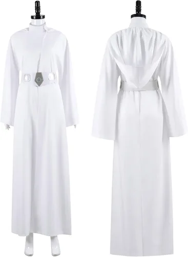 Vista 2 de Princesa Leia - Bata con capucha blanca con capucha, vestido de Leia, bata Jedi, capa con capucha, uniforme de Halloween, para niñas y adultos