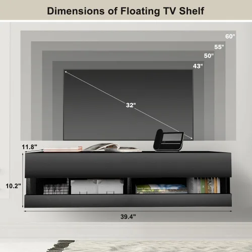 Vista 2 de Estante flotante de TV montado en la pared, centro de entretenimiento flotante debajo del estante de TV, consola multimedia flotante