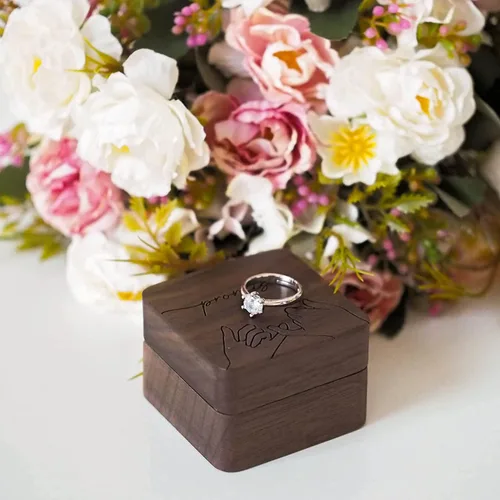 Vista 5 de Caja de anillo de madera de compromiso, caja de anillo rústica de doble ranura, caja de almacenamiento de joyas cuadrada de madera maciza, caja