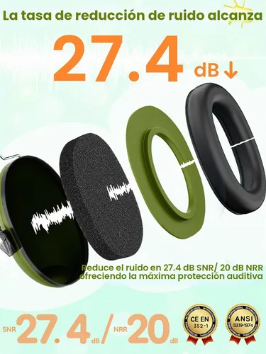 Vista 3 de Orejeras con cancelación de ruido del Dr.meter: auriculares con cancelación de ruido SNR27.4 con diadema ajustable, orejeras con protección auditiva