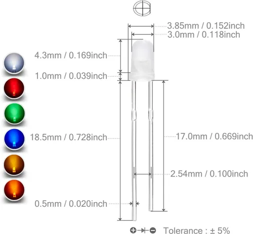 Vista 3 de Chanzon Kit surtido de luces de diodo LED de 0.118 in, 60 piezas (6 colores x 10 unidades), paquete (lente redonda difusa CC 3 V 20 mA) lámpara