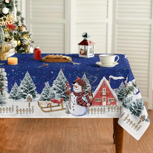 Vista 10 de Horaldaily Mantel de Navidad rectangular de 52 x 70 pulgadas, casa de muñeco de nieve de invierno, árboles de Navidad, color negro, lavable
