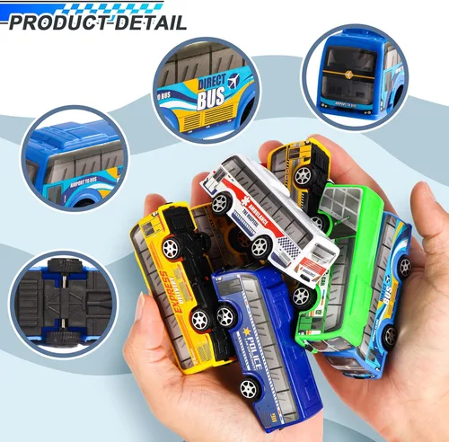 Vista 3 de Juego de 16 piezas de vehículos de autobús urbano con tracción trasera, mini autos para niños pequeños, vehículos de carreras impulsados por