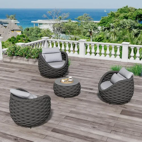 Vista 39 de Juego de muebles de patio de aluminio de 3 piezas: cuerda tejida a mano para conversación al aire libre, juego de 2 cojines modernos montados, juego