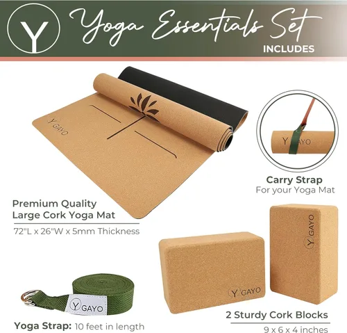 Vista 6 de Y O Gayo Kit esencial de yoga todo en uno de corcho de alta calidad, tapete de yoga de corcho grande de 0.197 in y bloques con correa de transporte