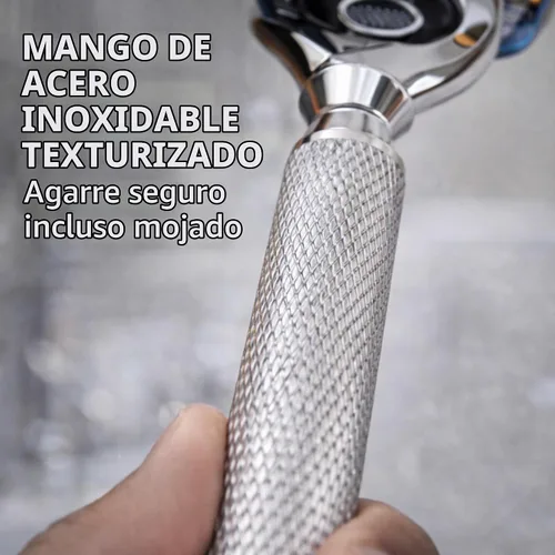 Vista 6 de Maquinilla de afeitar con mango de bola flexible, maquinilla de afeitar de mango largo cromado con tecnología Flex Pivot y agarre moleteado