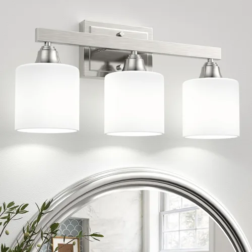Vista 12 de VOLISUN Accesorios de iluminación de baño de níquel cepillado, 4 luces de cambiador de baño sobre espejo, lámpara de tocador moderna para baños