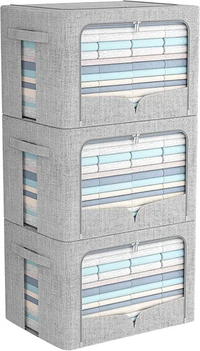 Vista 18 de FHSQX Paquete de 3 contenedores de almacenamiento de ropa plegables con marco de metal, caja de almacenamiento apilable, organizador de tela de lino