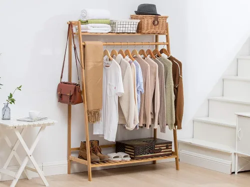 Vista 6 de COPREE Perchero de bambú para colgar ropa resistente con estante superior y estantes organizadores de almacenamiento de ropa para zapatos
