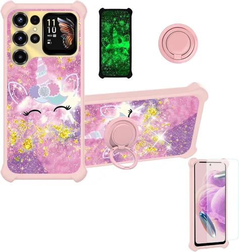 Vista 10 de jioeuinly Funda compatible con Oukitel P1 Pro con protector de pantalla de vidrio templado, policarbonato duro + silicona suave, soporte de anillo