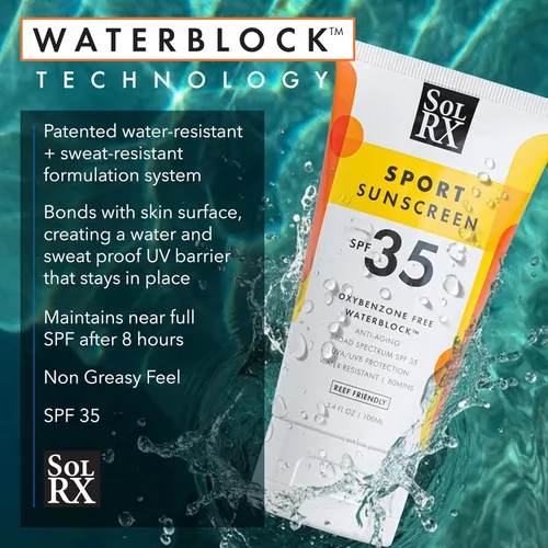 Vista 3 de SolRX SPORT SPF 35 Protector solar, apto para arrecifes, libre de oxibenzona, sin fragancia Oxybenzone-Free Reef Friendly, Eco-Safe, Complies With