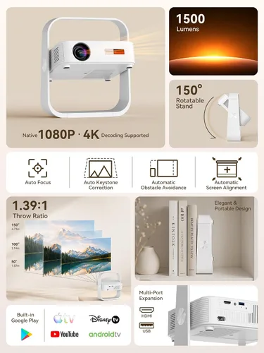 Vista 2 de Smart Projector Native 1080P Aplicación incorporada con WiFi 6 y Bluetooth Blanco