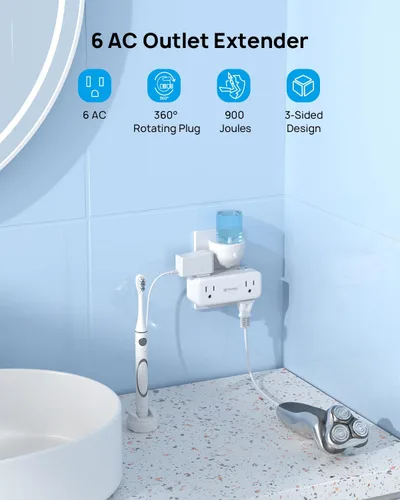 Vista 2 de TROND Extensor de toma de corriente con enchufe giratorio 360, divisor de enchufe de 3 vías con 6 enchufes a tierra, protector de sobretensiones
