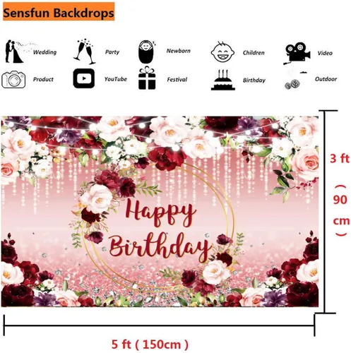 Vista 5 de Sensfun Telón de fondo de cumpleaños floral burdeos con diseño de lunares con purpurina y diseño floral de feliz cumpleaños para mujeres y niñas