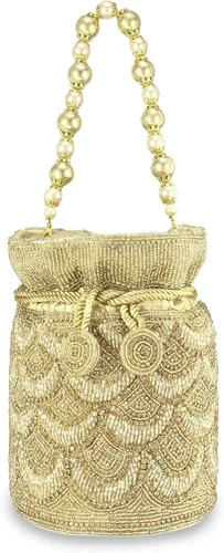 Vista 9 de Aheli Gold Potli - Bolsas de noche para mujer, bolso de mano étnico con cordón (P70G), Oro