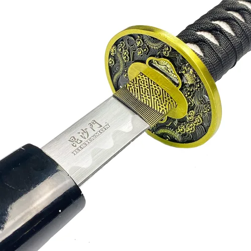 Vista 4 de Bishamon 42 1/2" Samurai Sword Carbon Blade Dragon Scabbard Comes with a Wooden Stand