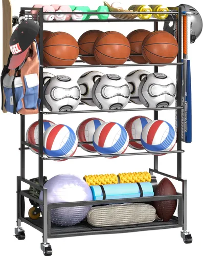 Vista 9 de SOYEEZE Organizador de equipo deportivo, almacenamiento de pelotas para garaje, almacenamiento de juguetes al aire libre de 4 niveles, bastidores