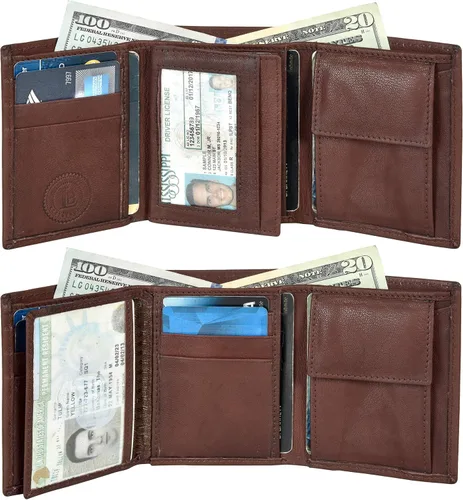 Vista 7 de Billetera delgada y compacta con solapa para niños y bolsillo para monedas, Café Oscuro, 3.3 4" x 3", Cartera triple