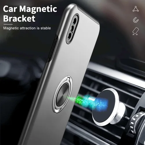 Vista 4 de Funda compatible con iPhone Xs Max con protector de pantalla de vidrio templado, funda híbrida 2 en 1 protectora delgada con anillo magnético