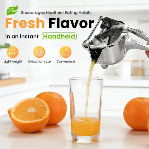 Vista 6 de Exprimidor manual de frutas resistente, exprimidor de jugo de fruta fresca de aleación de aluminio 2026, extractor de jugo desmontable con tazón