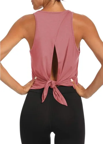 Vista 5 de Bestisun Camisetas de yoga con espalda abierta para mujer, con lazo en la espalda