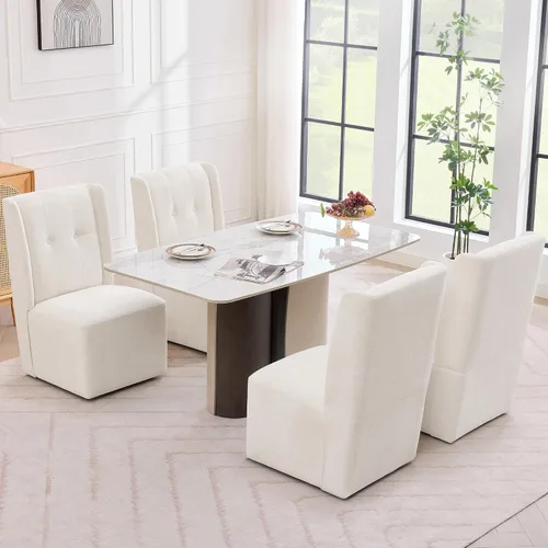 Vista 7 de Silla de comedor con ruedas Immulize Silla de comedor tapizada moderna con ruedas, silla giratoria sin brazos con respaldo alto para cocina, sala